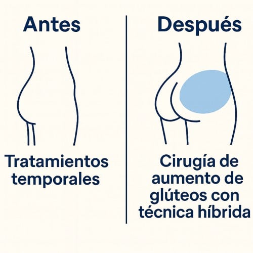 Antes y después de cirugía de aumento de glúteos con técnica híbrida frente a resultados de tratamientos temporales