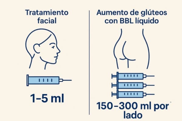 Comparación de volumen de relleno necesario entre tratamientos faciales y aumento de glúteos con BBL líquido