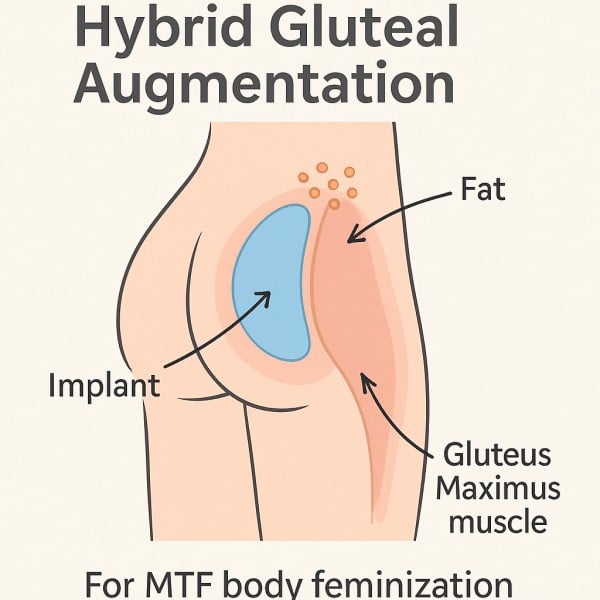 Esquema de Hybrid Gluteal Augmentation con implantes y grasa en feminización corporal MTF