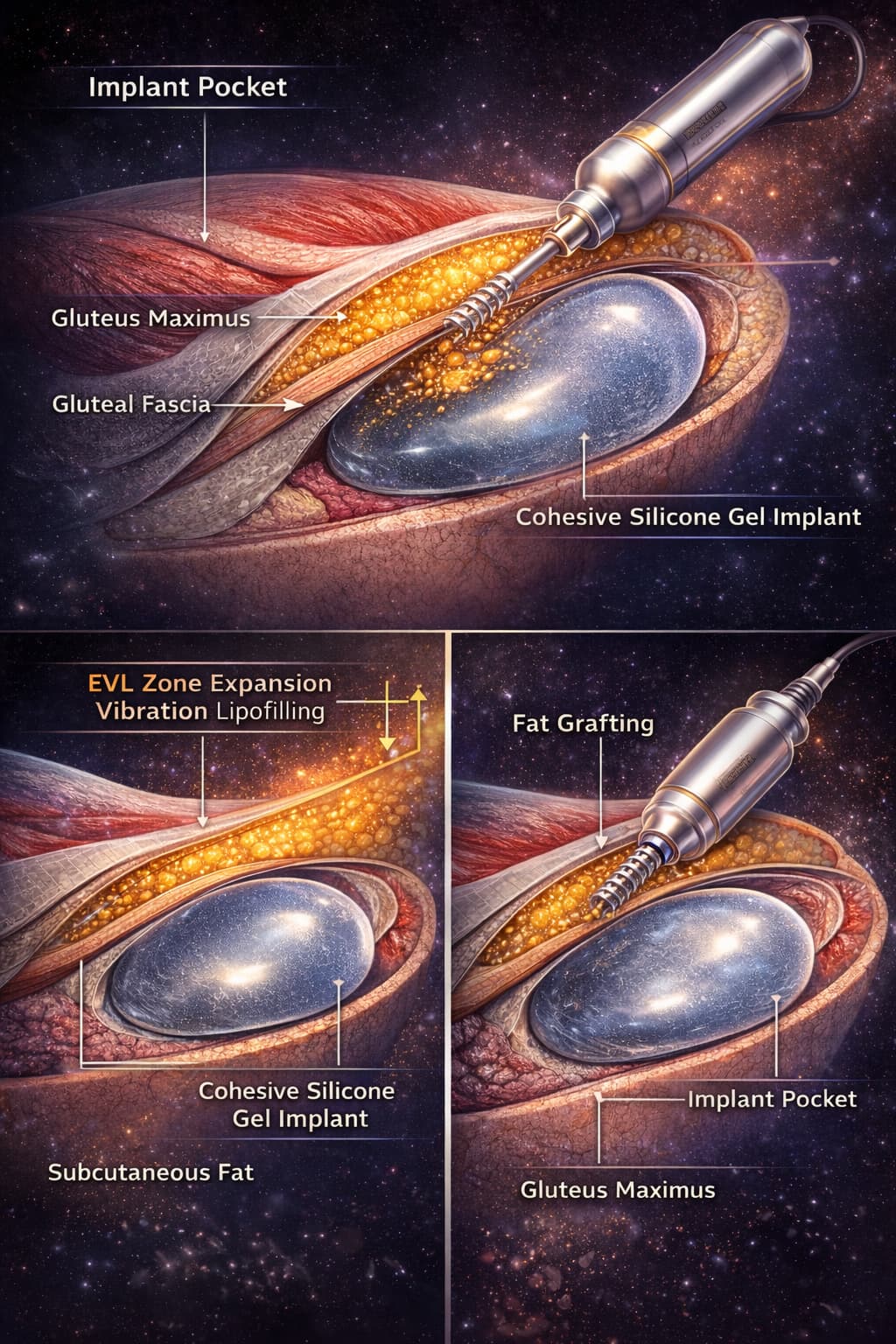 Ilustración anatómica de la aumentación glútea híbrida: implante cohesivo en bolsillo Dual-Plane y EVL para transiciones suaves