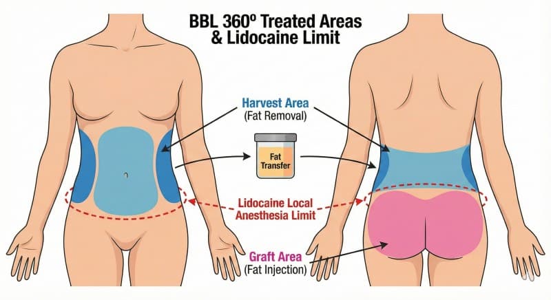 Diagrama que muestra las áreas del cuerpo tratadas en un BBL 360º y el límite de anestesia local con lidocaína