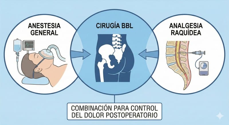 Esquema que muestra la combinación de anestesia general y analgesia raquídea en cirugía BBL