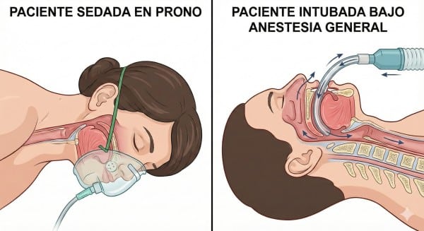 Ilustración comparando la vía aérea en paciente sedada en posición prono frente a paciente intubada bajo anestesia general