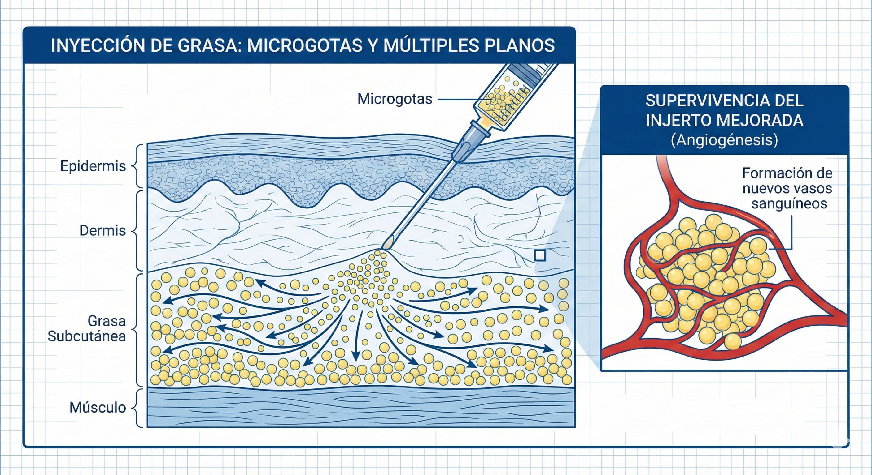 Ilustración de inyección de grasa en microgotas y múltiples planos para mejorar la supervivencia del injerto