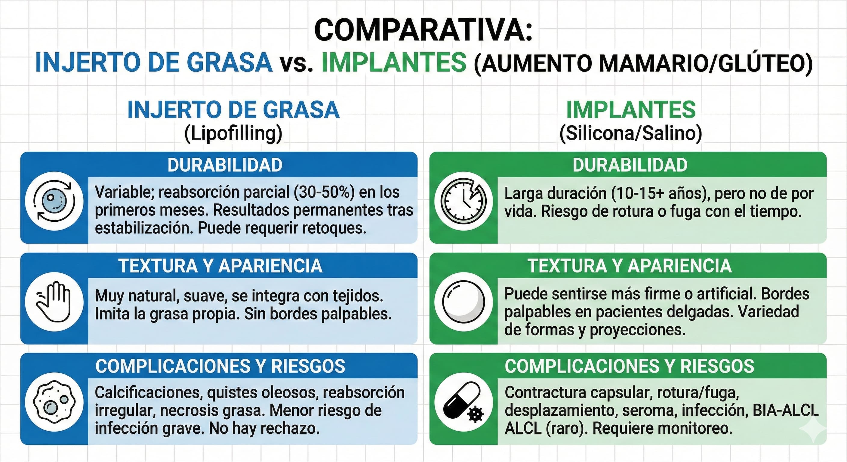Infografía comparando injerto de grasa frente a implantes en términos de durabilidad, textura y complicaciones