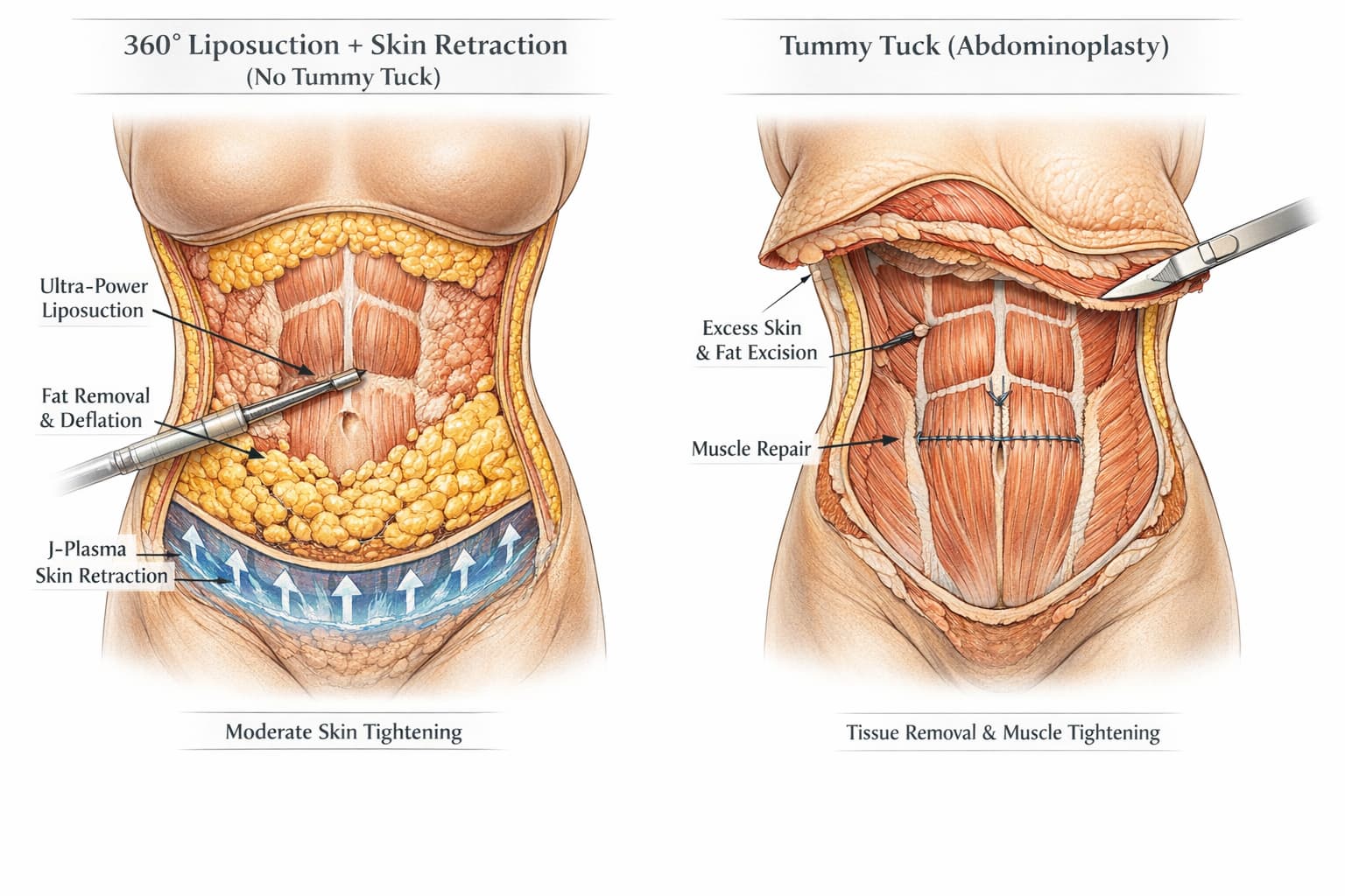 Comparativa conceptual: liposucción vs abdominoplastia en pacientes con exceso de piel y contorno abdominal