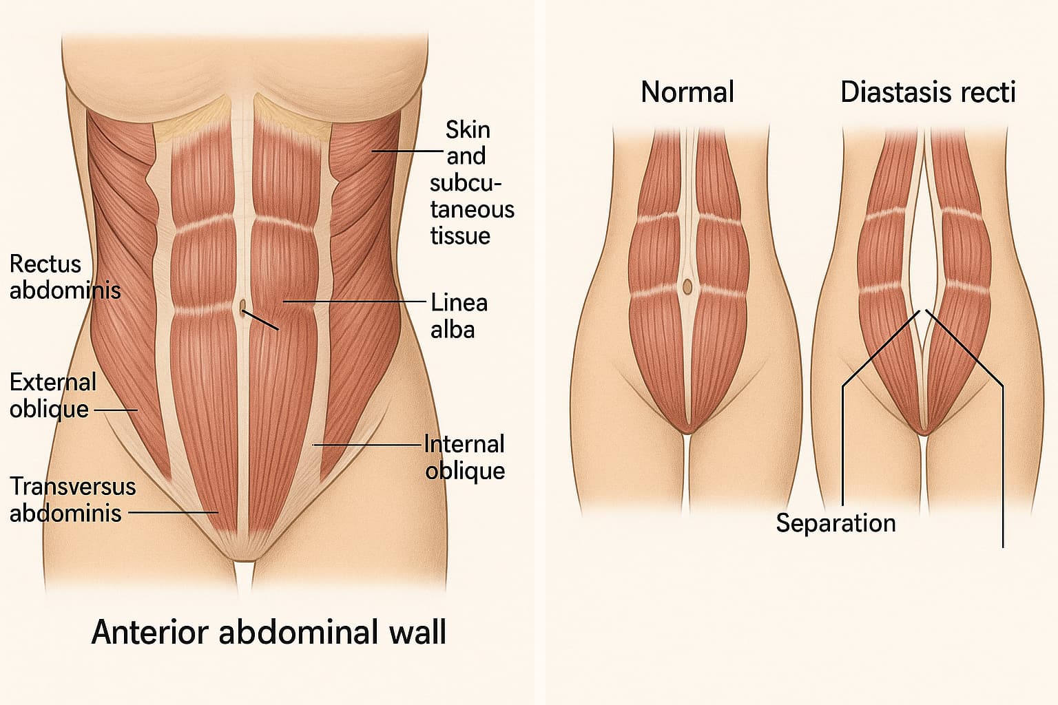 Ilustración de la pared abdominal anterior y comparación entre anatomía normal y diástasis de rectos