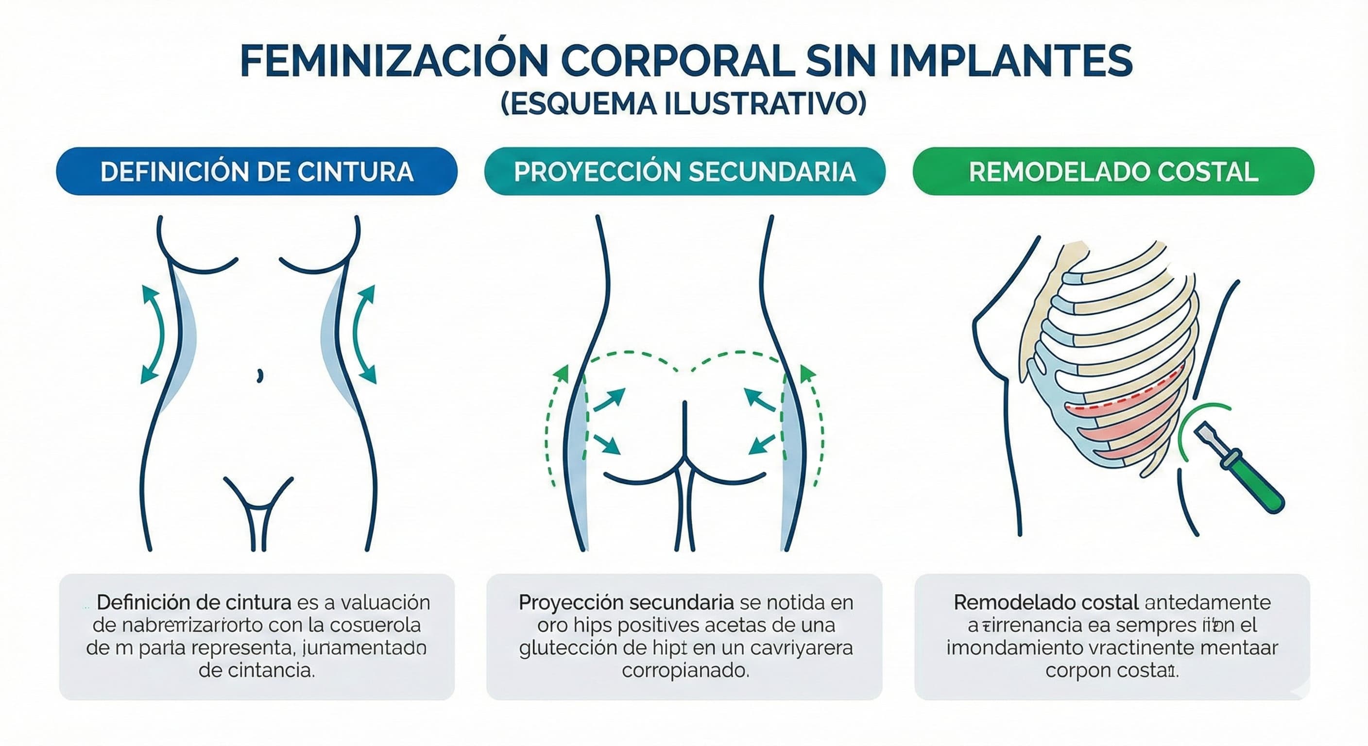 Esquema ilustrativo de feminización corporal sin implantes: definición de cintura, proyección secundaria y remodelado costal