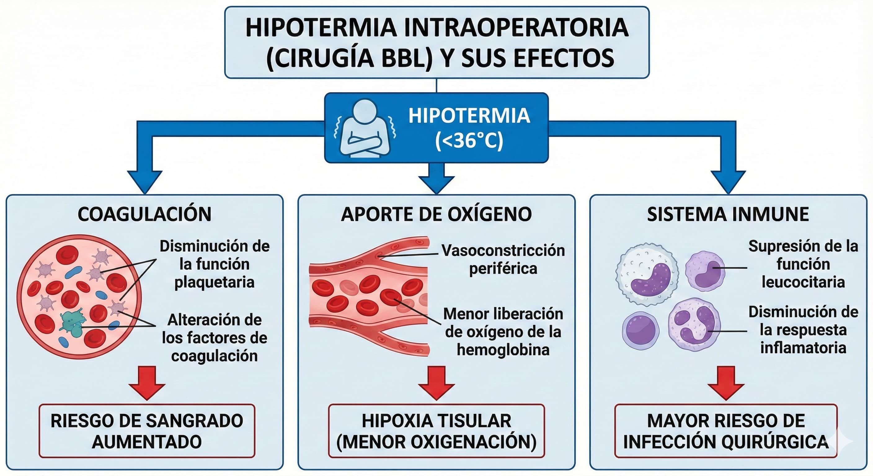 Diagrama que muestra cómo la hipotermia intraoperatoria afecta a la coagulación, al aporte de oxígeno y al sistema inmune en cirugía de BBL