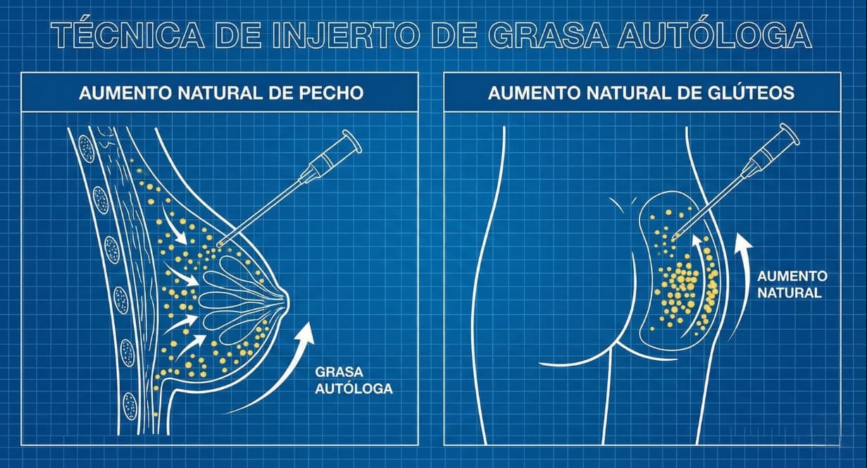 Representación de injerto de grasa en glúteos y pecho como técnica de aumento natural
