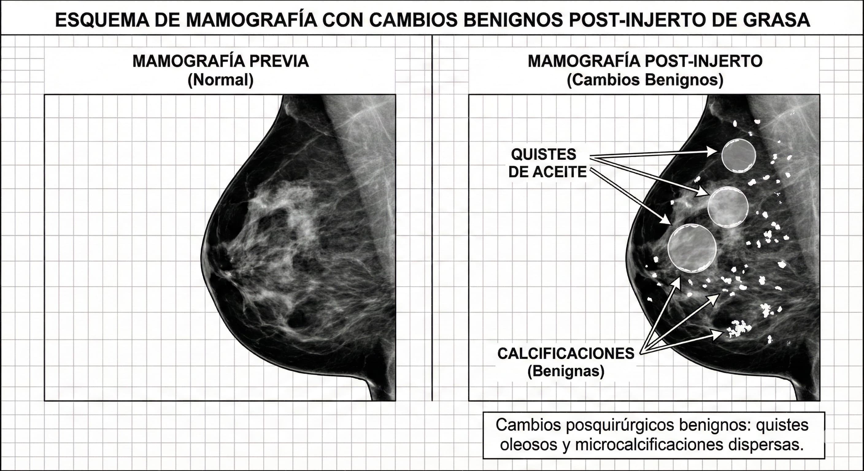 Esquema de una mamografía con cambios benignos tras injerto de grasa como calcificaciones y quistes de aceite