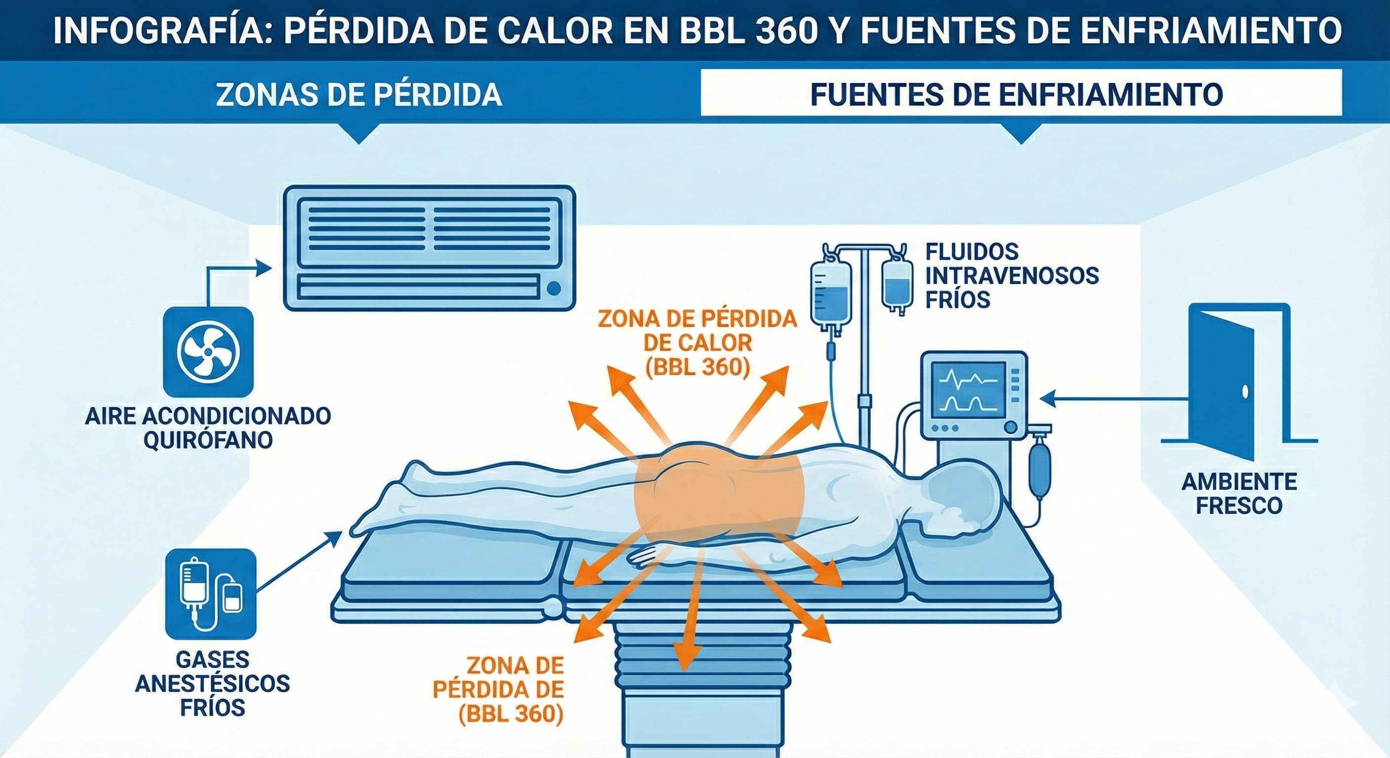 Infografía que muestra las zonas de pérdida de calor durante un BBL 360 y las fuentes de enfriamiento en quirófano