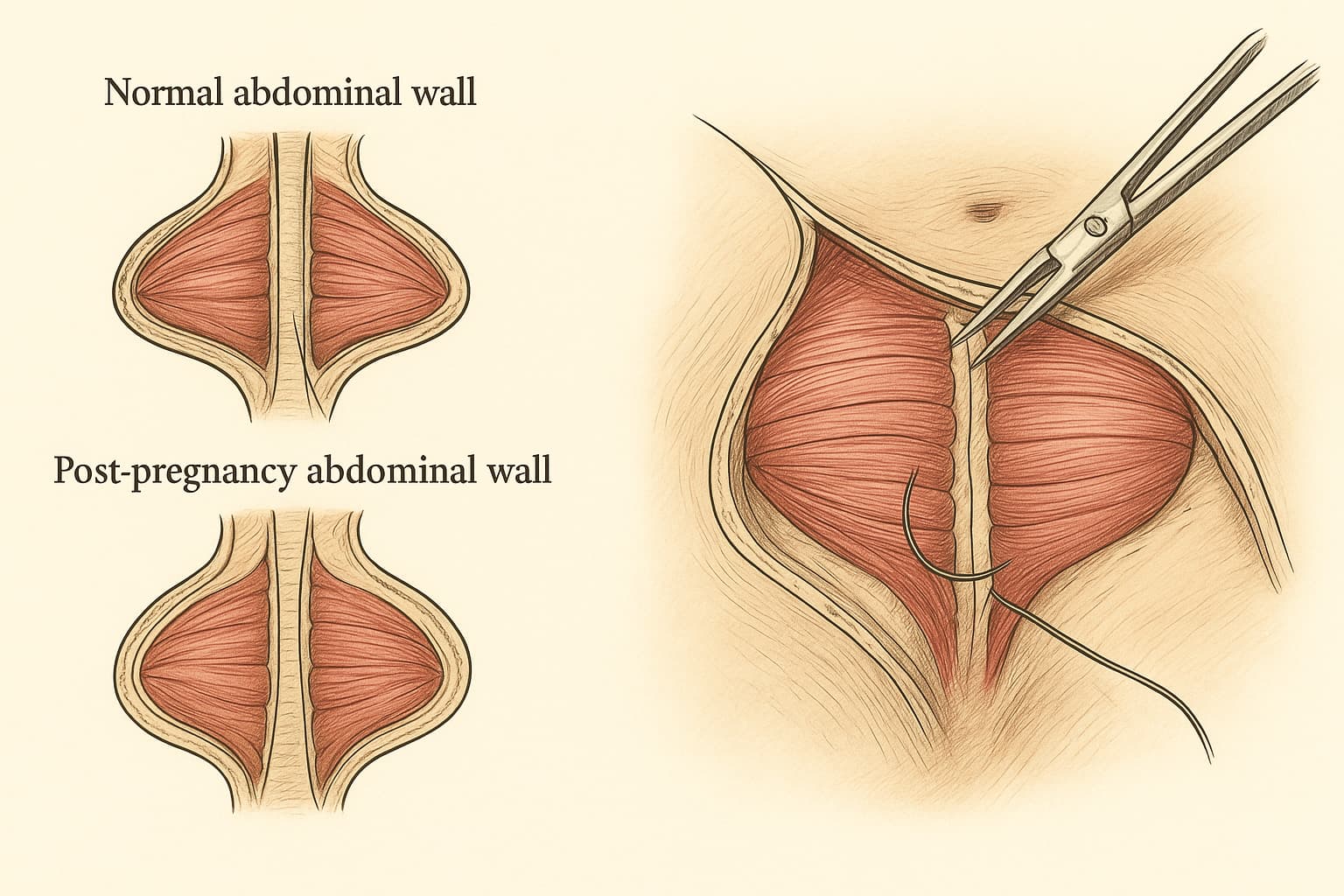 Ilustración comparativa de pared abdominal normal, cambios postembarazo y reparación fascial durante abdominoplastia