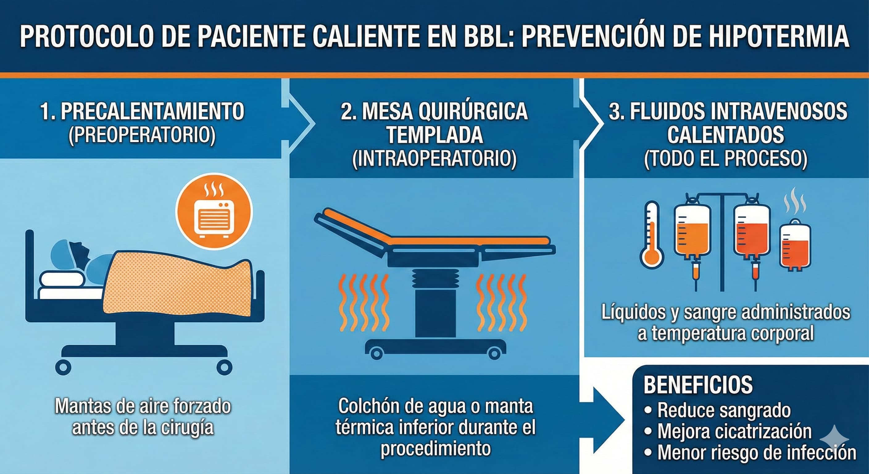 Infografía que resume un protocolo de paciente caliente en BBL con precalentamiento, mesa templada y fluidos calentados