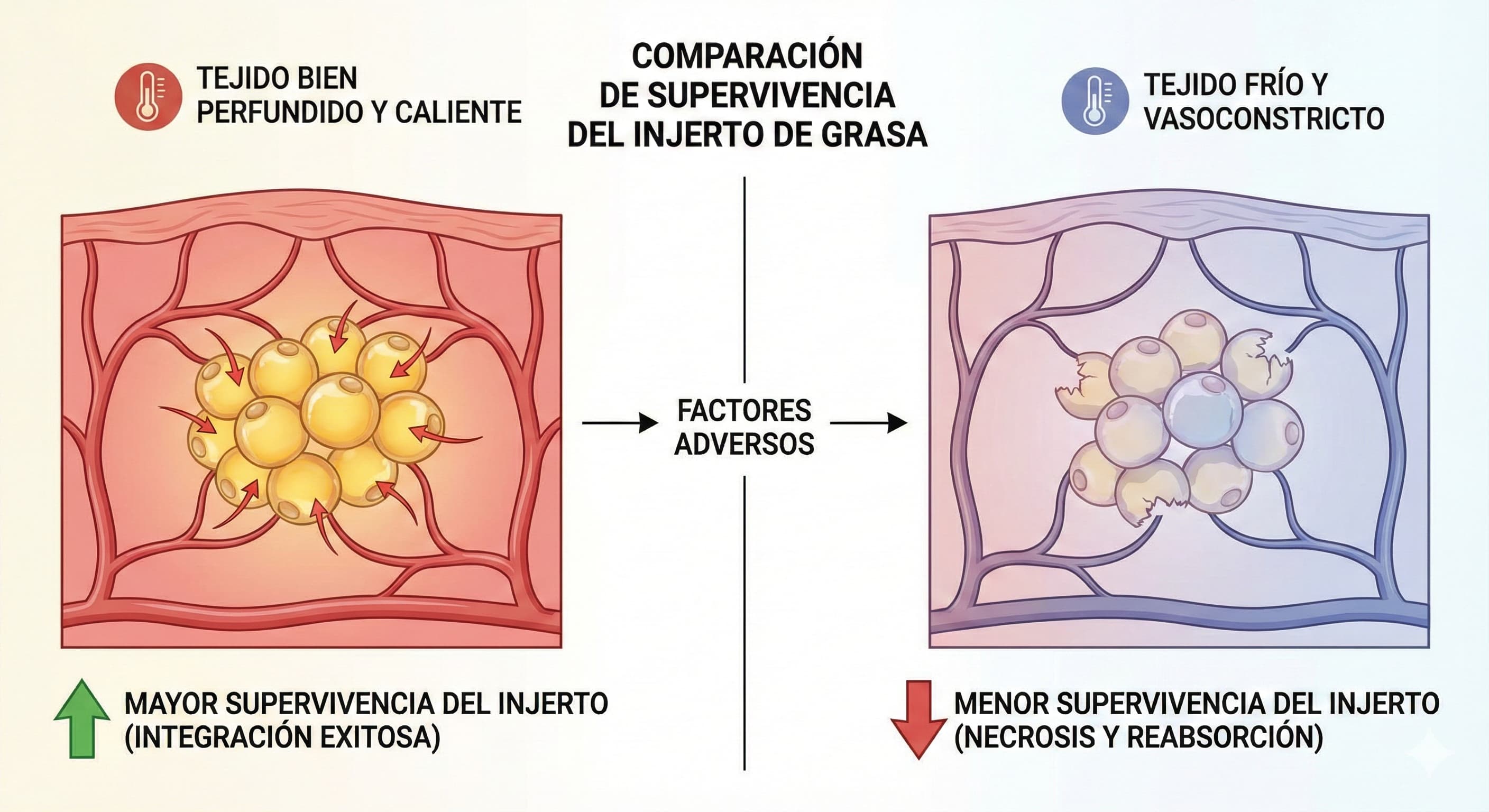 Esquema que compara la supervivencia del injerto de grasa en tejido bien perfundido y caliente frente a tejido frío y vasoconstricto