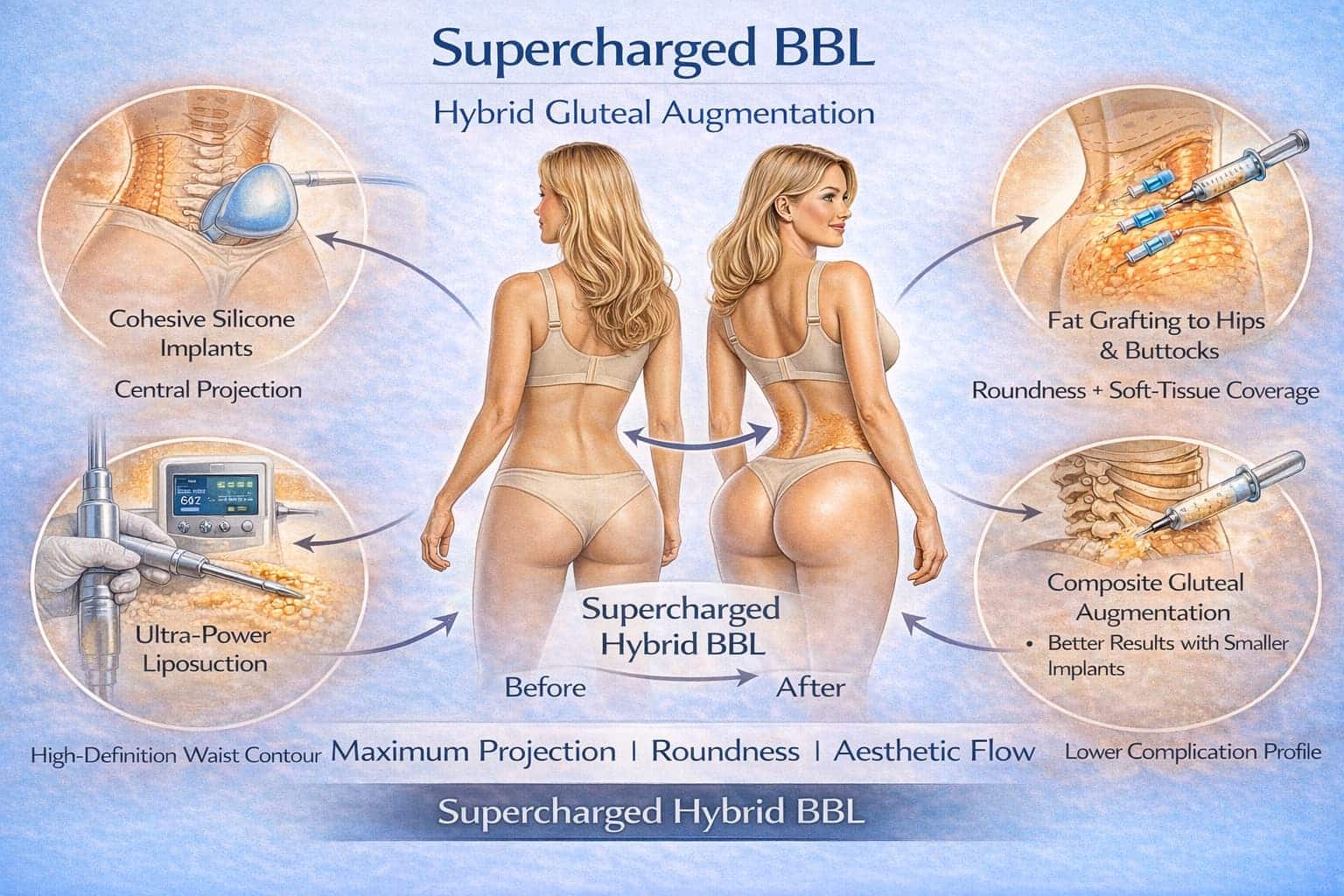 Resultado de Supercharged BBL: aumento de glúteos híbrido con proyección y transiciones suaves