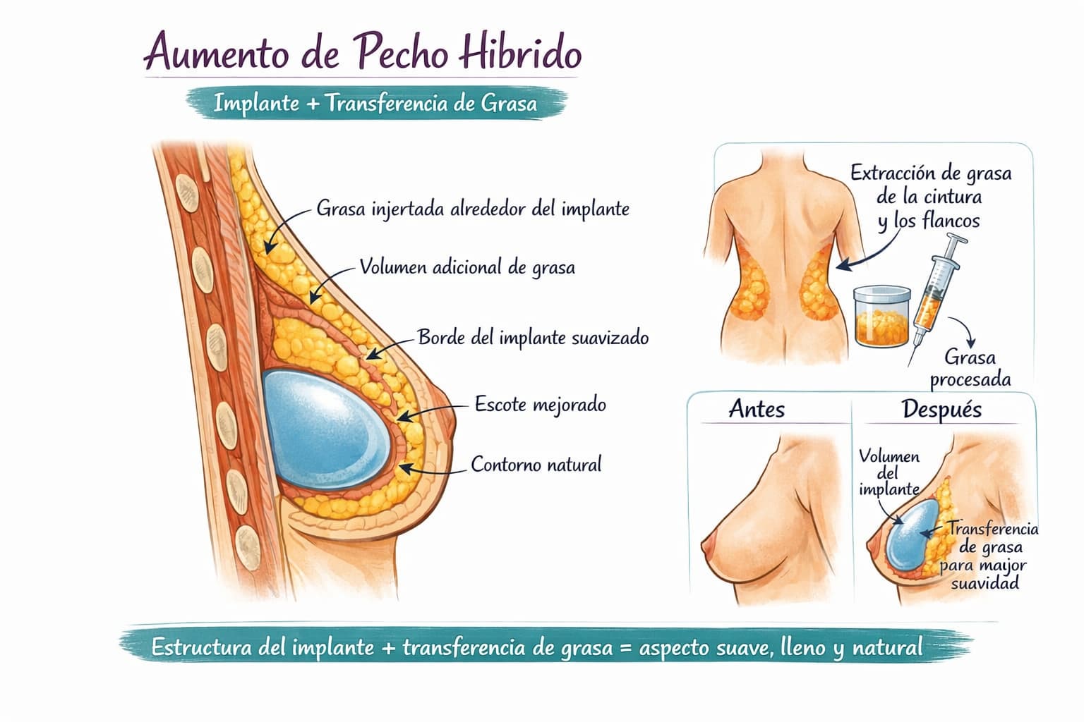 Aumento mamario híbrido con implantes y grasa: suavidad y transiciones naturales