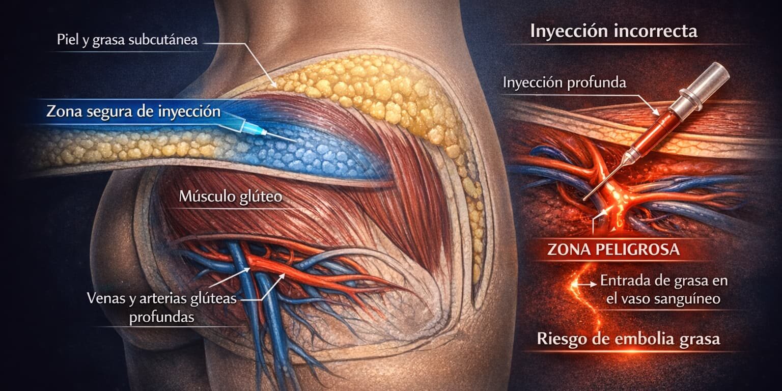 1. Ilustración de una embolia macro-grasa en un lifting de glúteos brasileño.