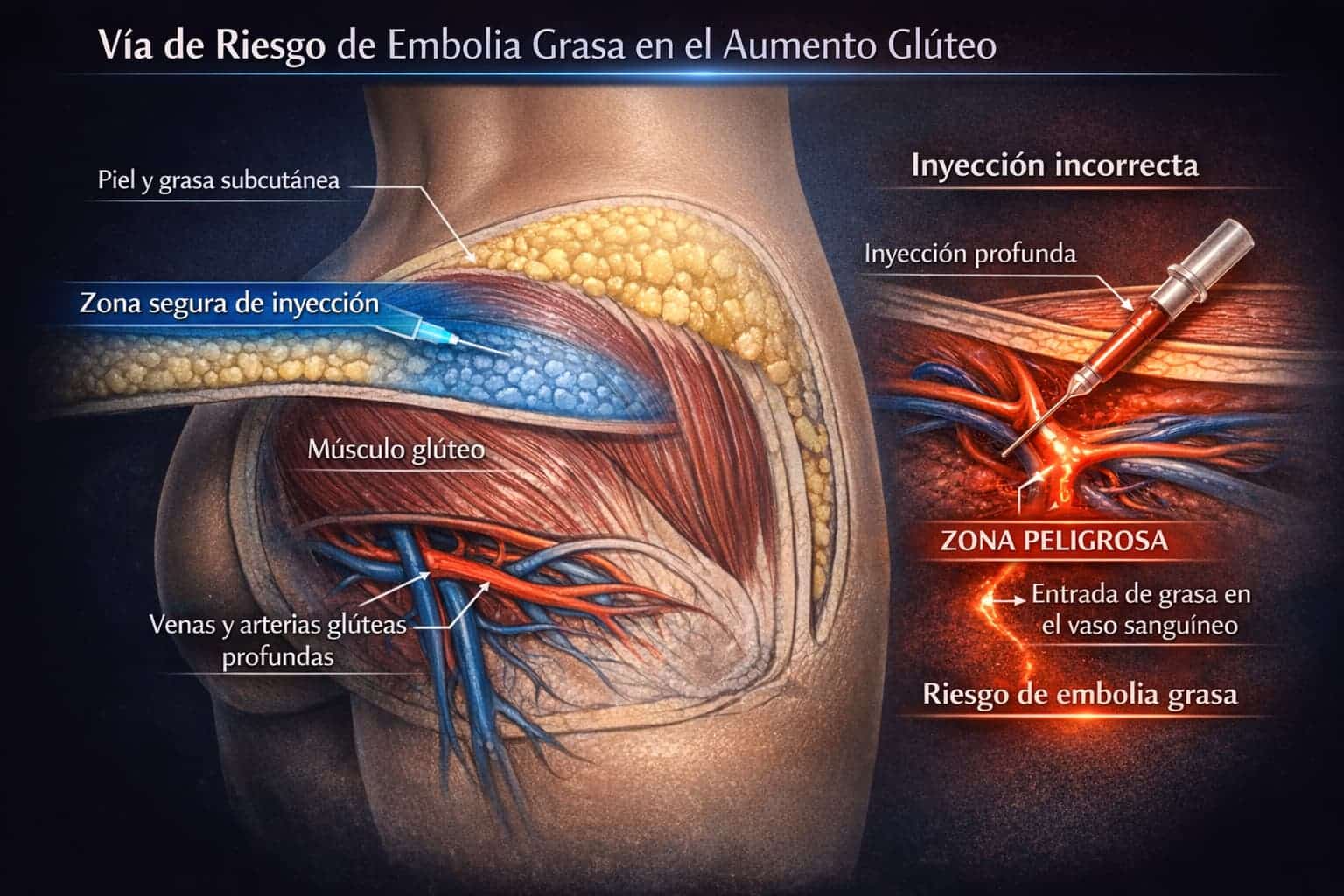 Ilustración de una embolia macro grasa en un lifting de glúteos brasileño