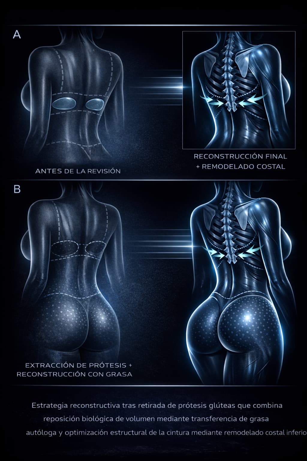 Extracción de implantes glúteos y restauración del volumen mediante lifting de glúteos brasileño y remodelación de las costillas