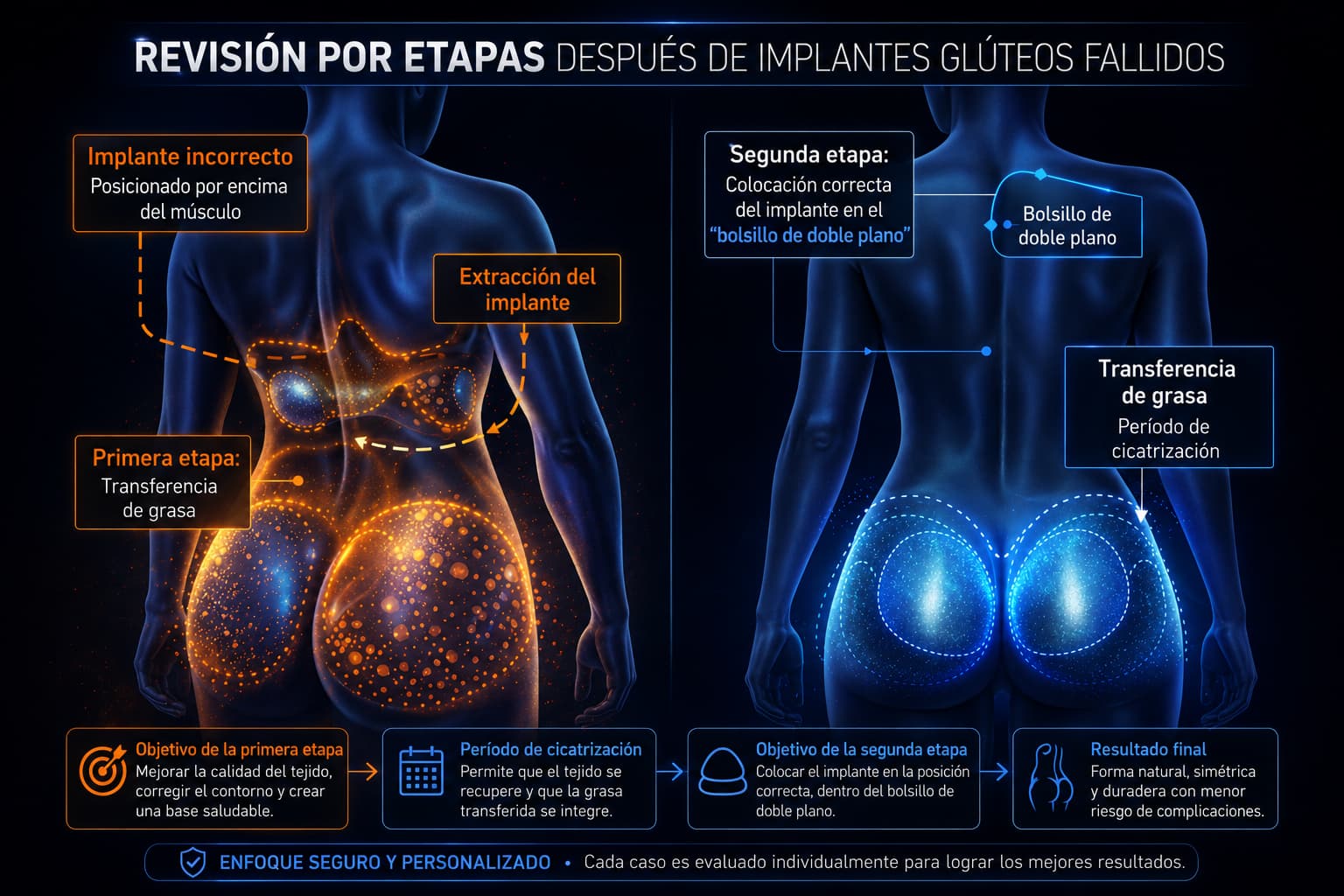 Esquema de implantes glúteos fallidos visibles y cirugía de revisión glútea